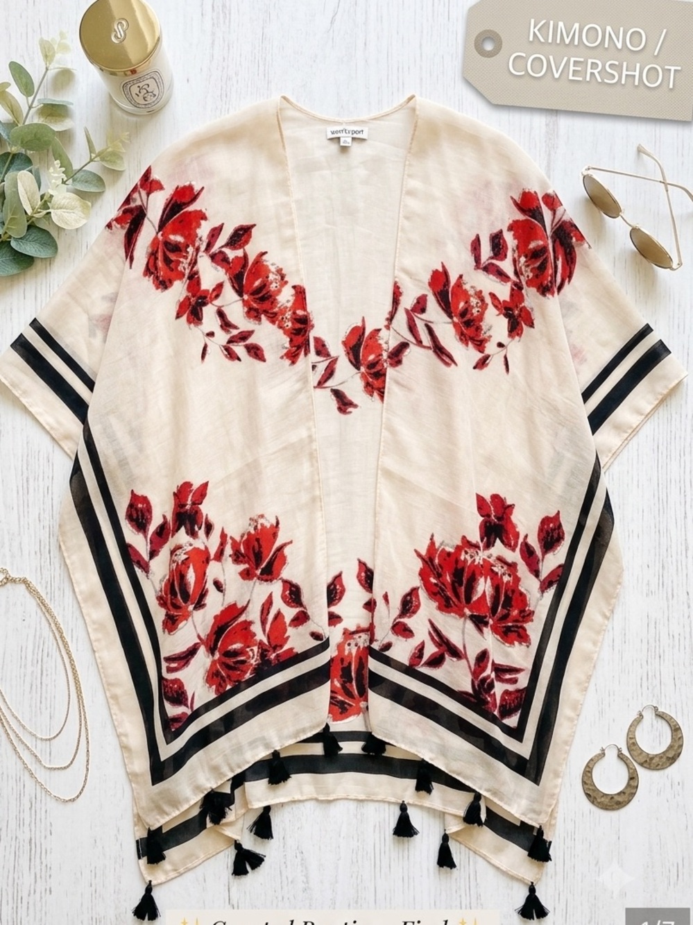 Cream Kimono Cover-Up w Red Floral Print with black and silver metallic one size